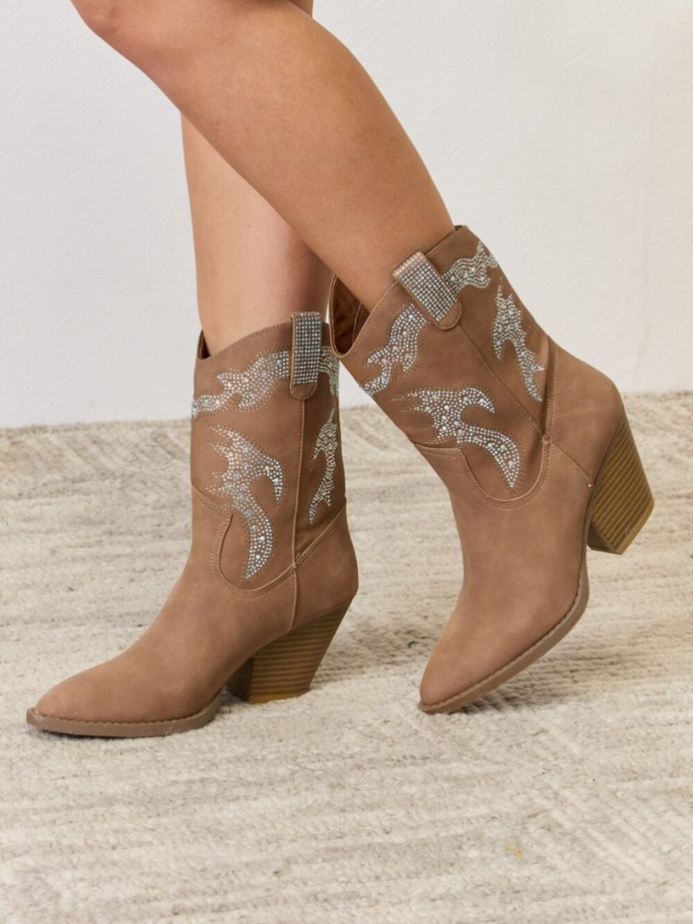 Tan Rhinestone Cowboy Ankle Boots | Western 3” Low Heel